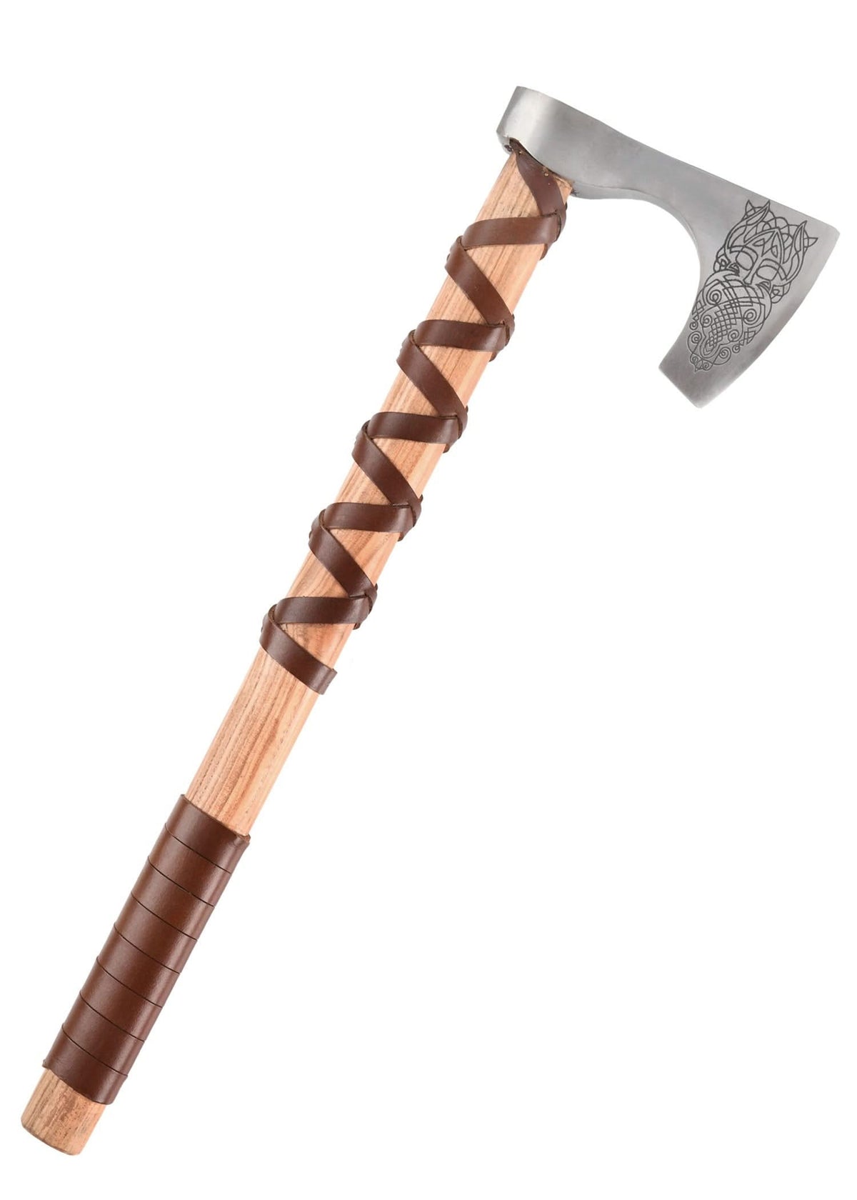 Hache viking en acier moulé, type C, avec gravure et gainage de cuir - 