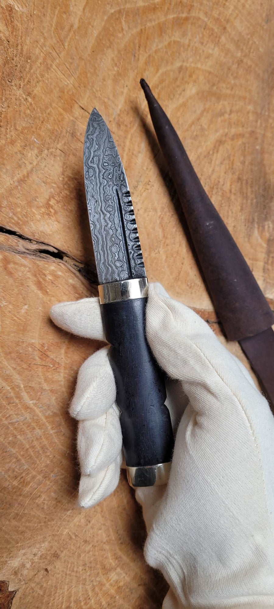 Couteau Sgian Dubh avec lame en acier Damas et étui en cuir - 