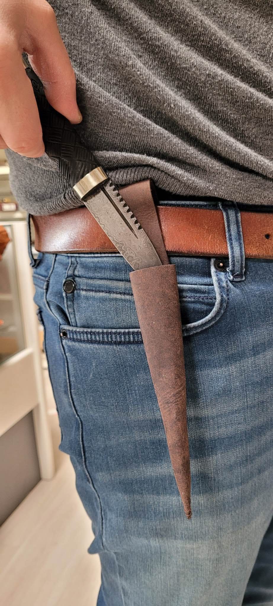 Couteau Sgian Dubh avec lame en acier Damas et étui en cuir - 