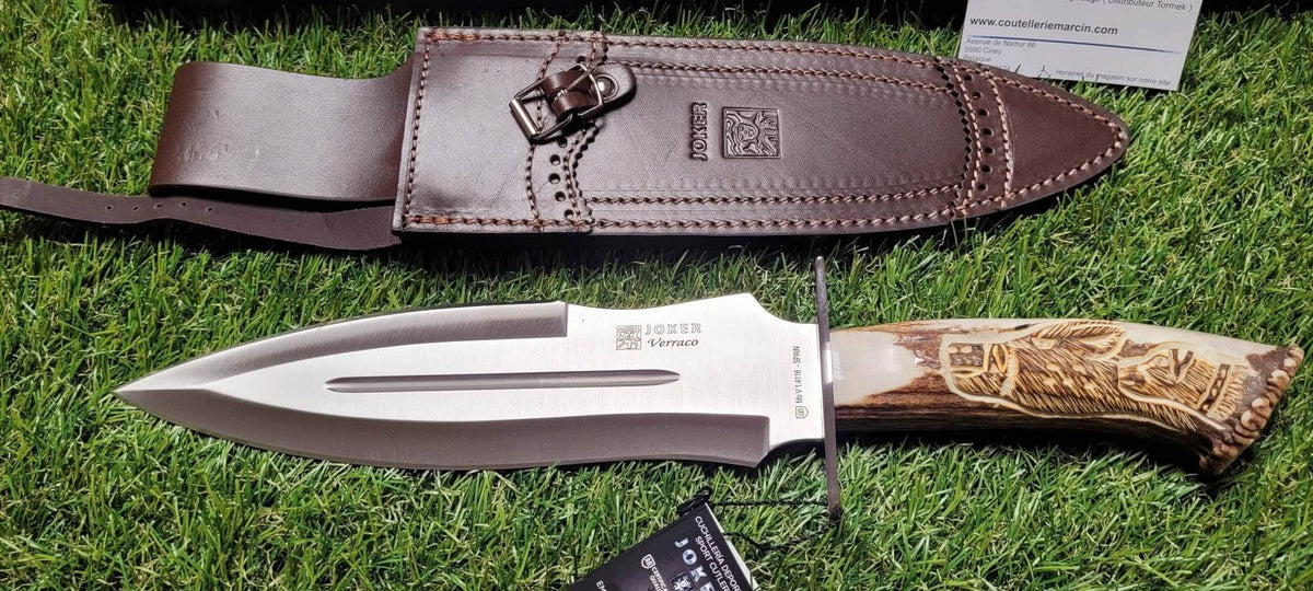 oker CT42 Verraco , Couteau , dague de chasse en bois de cerf gravé à la main - 