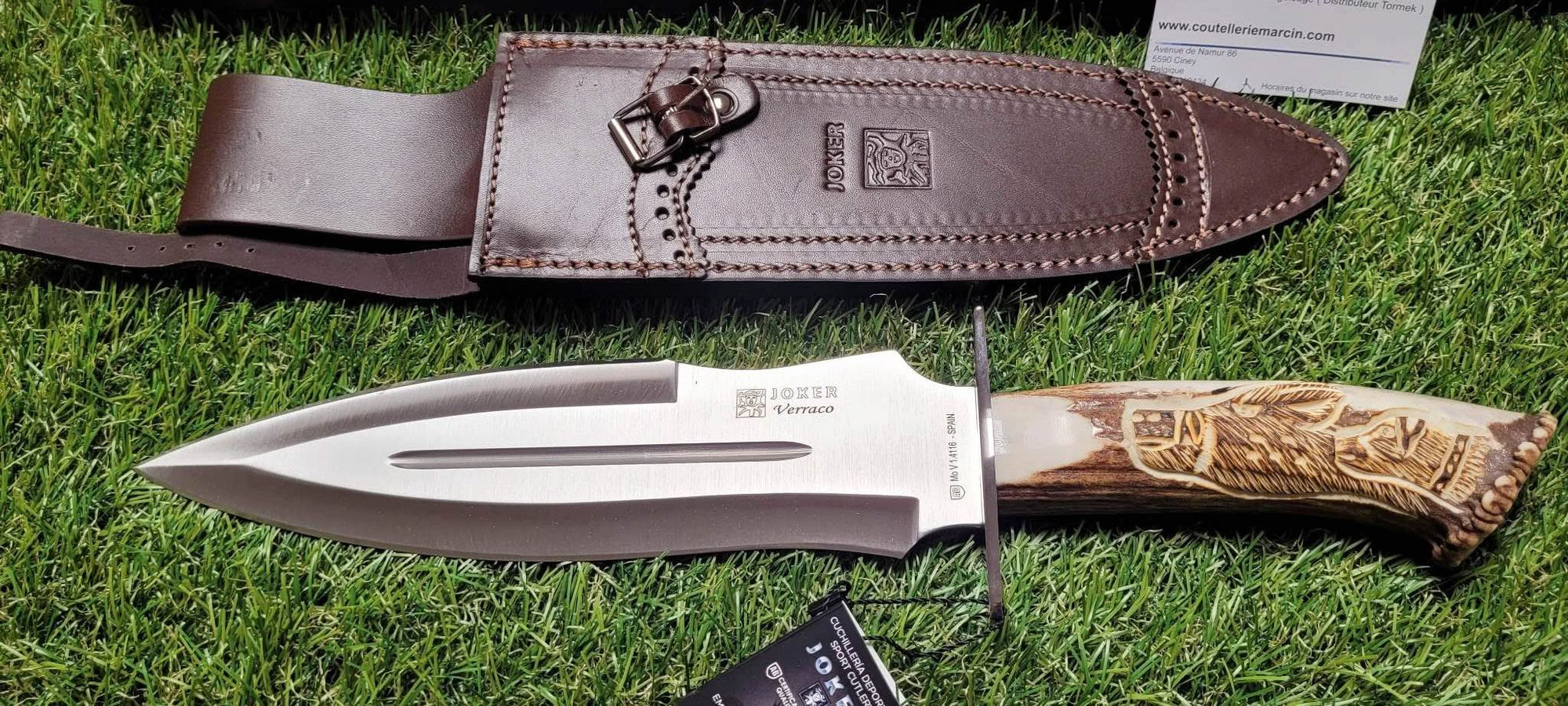 oker CT42 Verraco , Couteau , dague de chasse en bois de cerf gravé à la main - 