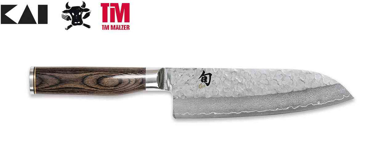 Santoku KAI Shun Premier Tim Mälzer TDM-1702, lame damassée martelée de 18 cm et manche en Pakkawood brun.