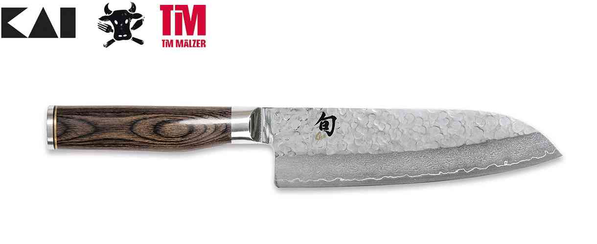 Santoku KAI Shun Premier Tim Mälzer TDM-1702, lame damassée martelée de 18 cm et manche en Pakkawood brun.